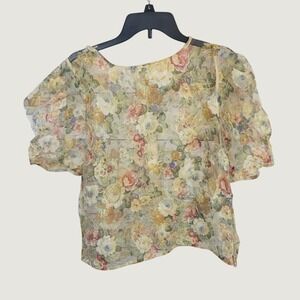 Peach Blouse Floral Sheer Organza Puff Sleeve Cottagecore Romantic Top Yellow 2X